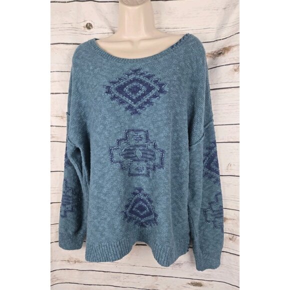 Sundance Blue Marled Sweater Pullover XL Aztec Cotton Linen Womens - Picture 1 of 7